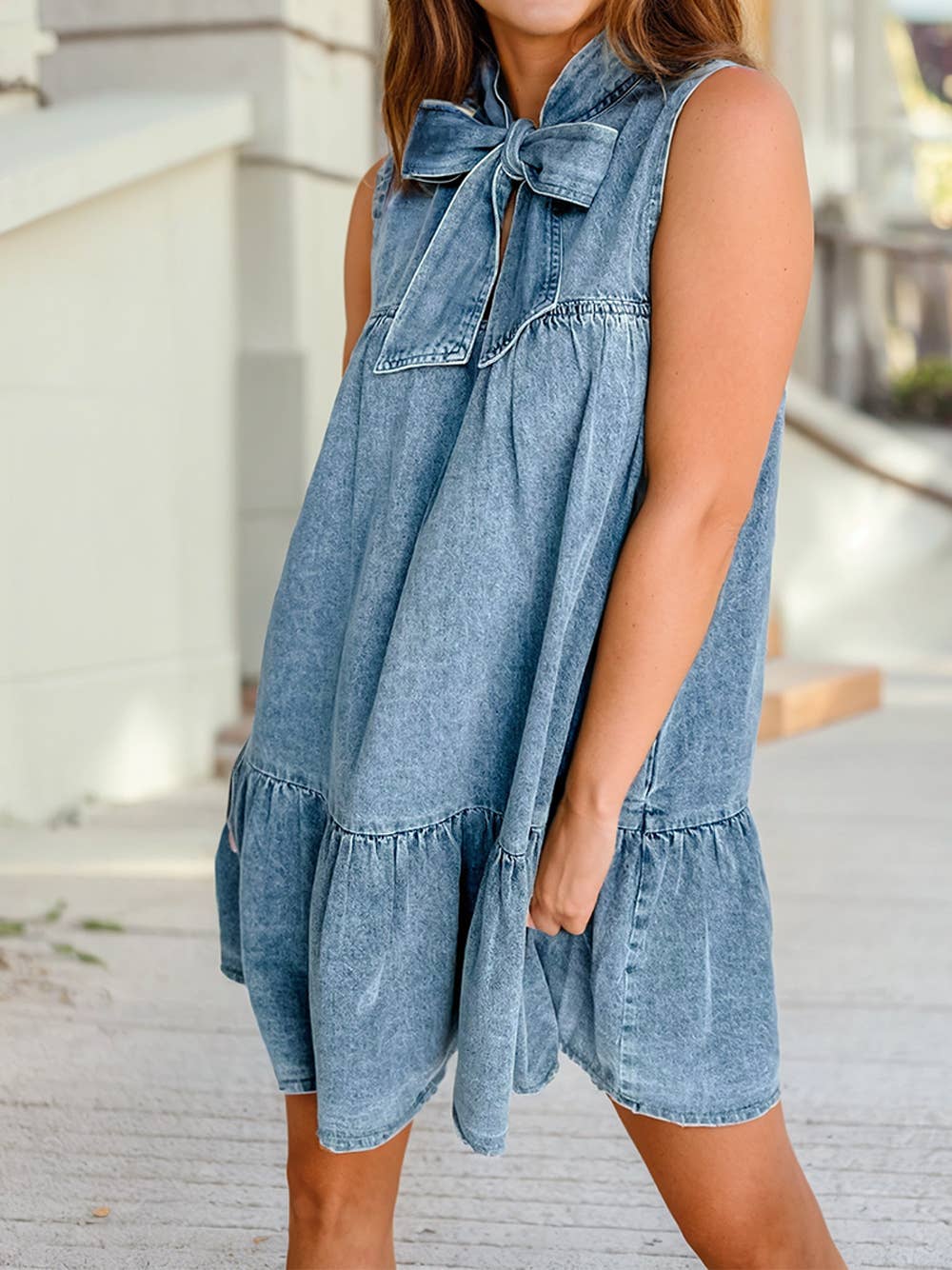 BOWKNOT RUFFLED DENIM DRESS